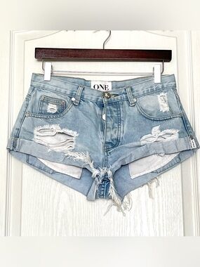 One Teaspoon Bandits Denim Shorts 24 Light Wash Distressed Cuffed Low Waist
